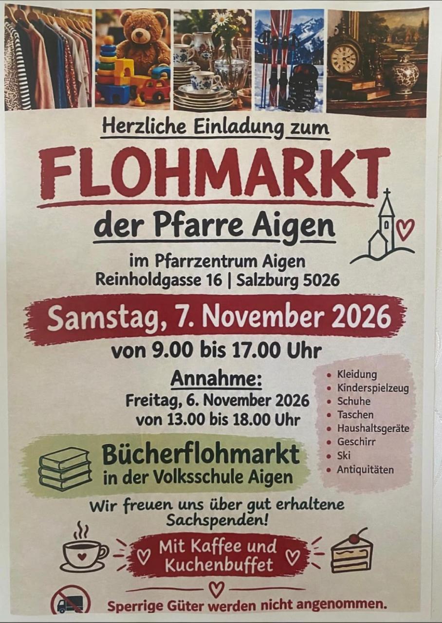 Einladung zum Flohmarkt am 7. November 2026 ab 9:00 Uhr im Pfarrzentrum Aigen